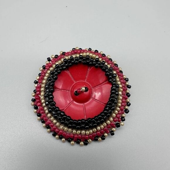 Vintage Leather Beaded Native American  Brooch Pin, 1.5" - Picture 2 of 4